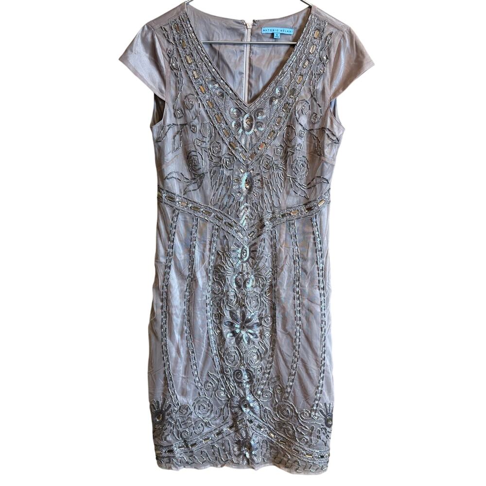 Antonio Melani Tan Beige Dress , Size 6 Beaded Rhinestones PREOWNED